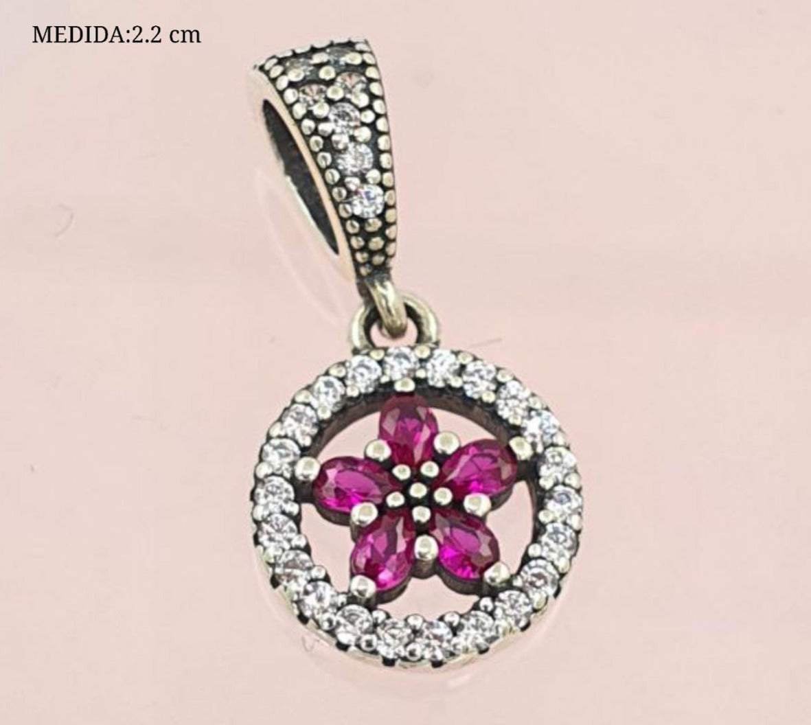 PCHARM2745#1   COLGANTE CIRCULAR CON FLOR CIRCONES FUCSIA EN MEDIO