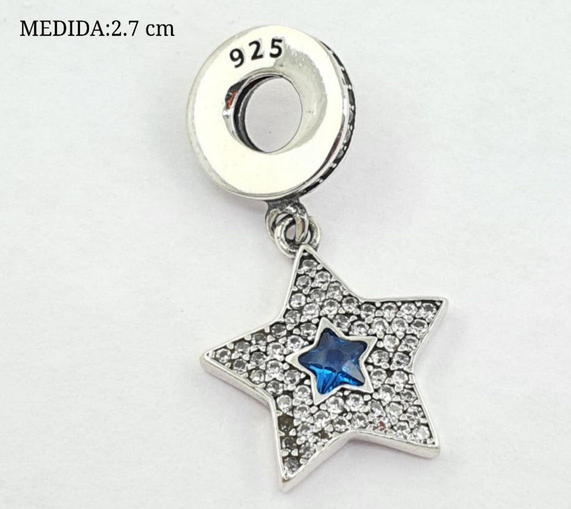 PCHARM2765#1  COLGANTE DE ESTRELLA CON CIRCONES TRANSPARENTES Y PIEDRA AZUL EN MEDIO