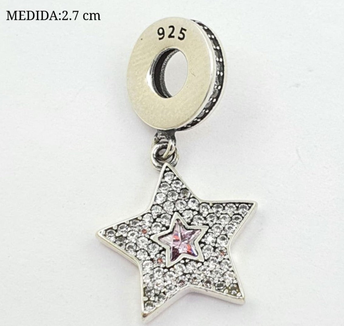 PCHARM2765#2  COLGANTE DE ESTRELLA CON CIRCONES TRANSPARENTES Y PIEDRA ROSA EN MEDIO
