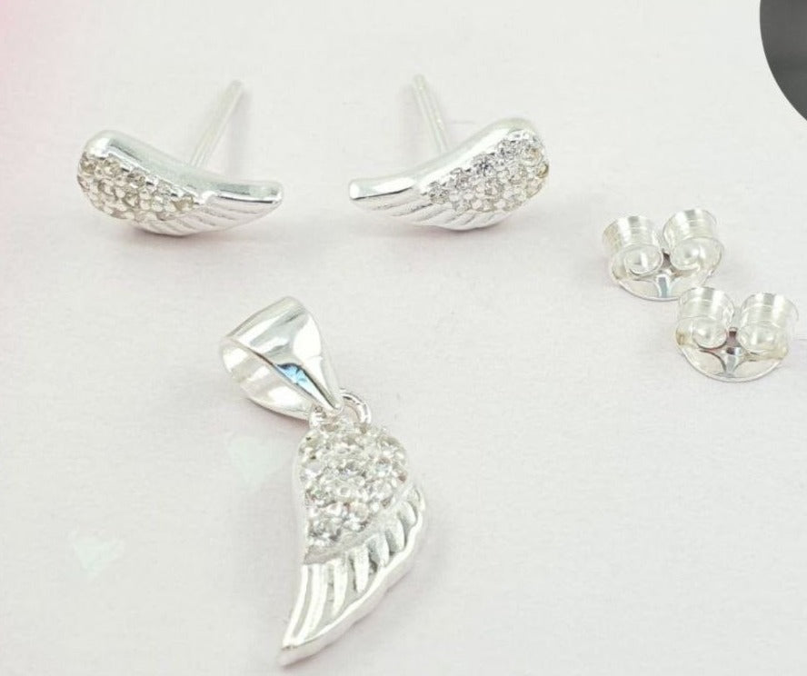 PSET2818 SET ALAS DE ANGEL PARECIDO A PANDORA CON ZIRCONIA BLANCO PLATA 9.25