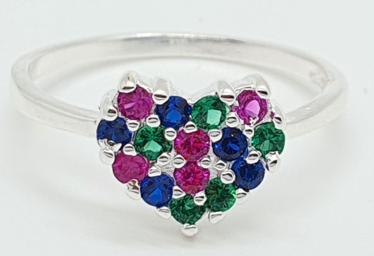 PANI1427 ANILLO DE CORAZON CON CIRCONES DE COLORES, PLATA 925