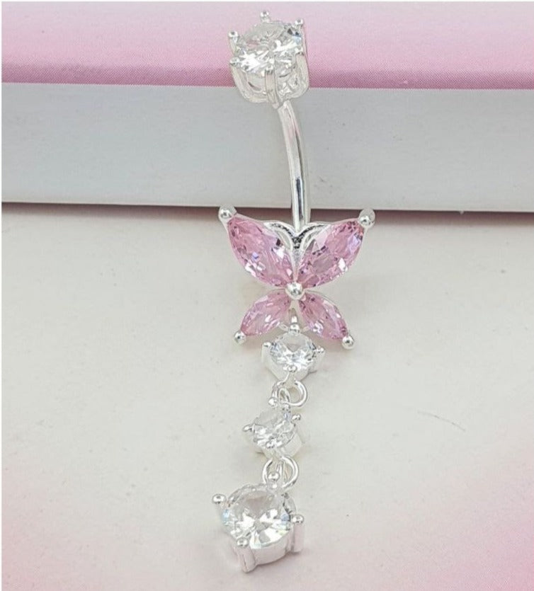PIERCING DE PLATA 9.25 PARA OMBLIGO DE MARIPOSA ROSA
